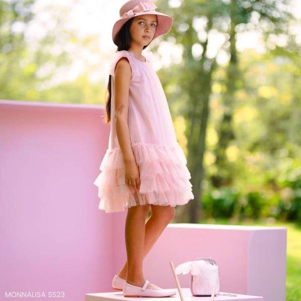 Monnalisa Girls Pink Ruffled Tulle Summer Party Dress